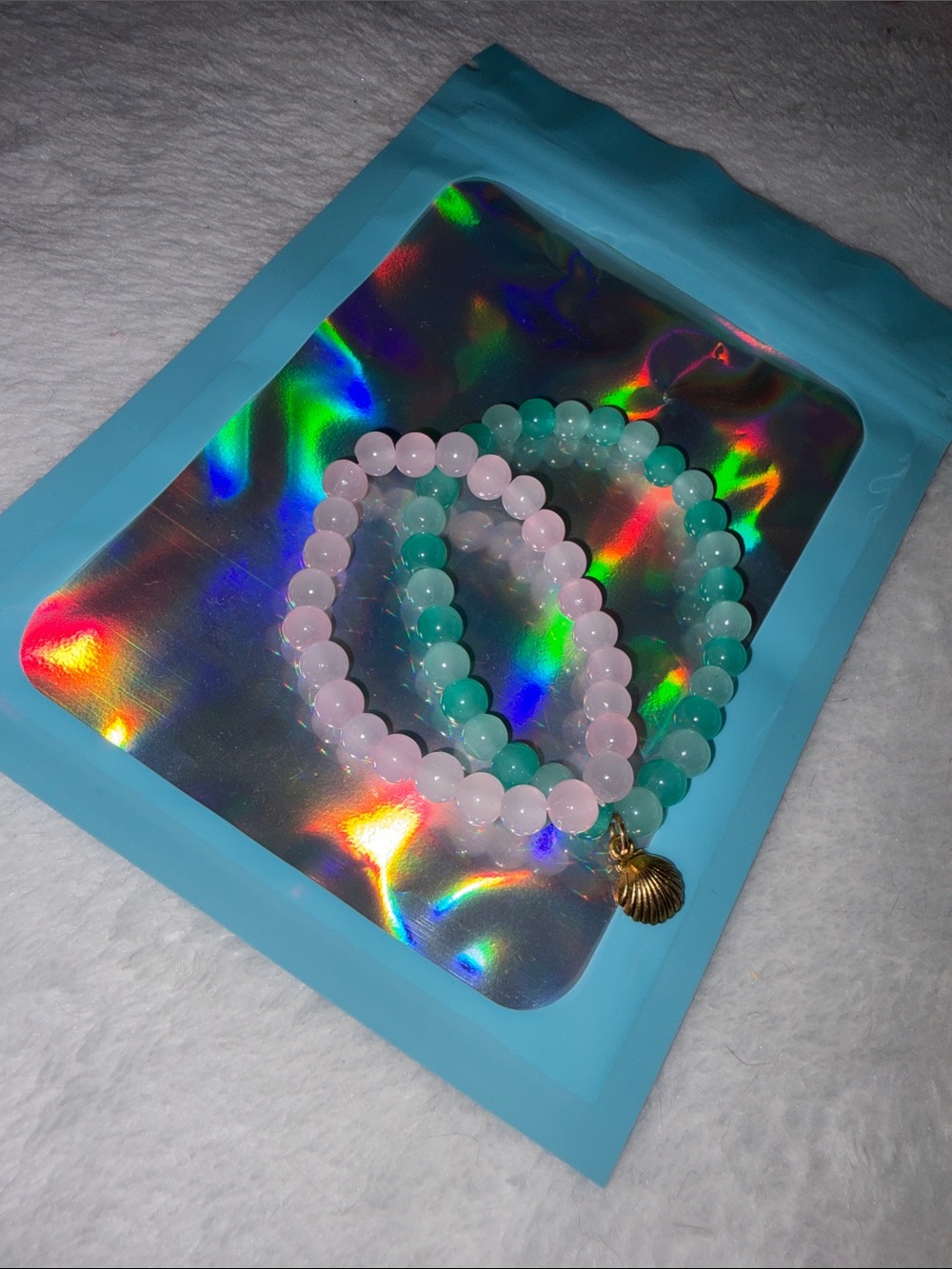 Kids Pastel Bead Bracelet Set with Gold Shell Charm - Pink & Teal